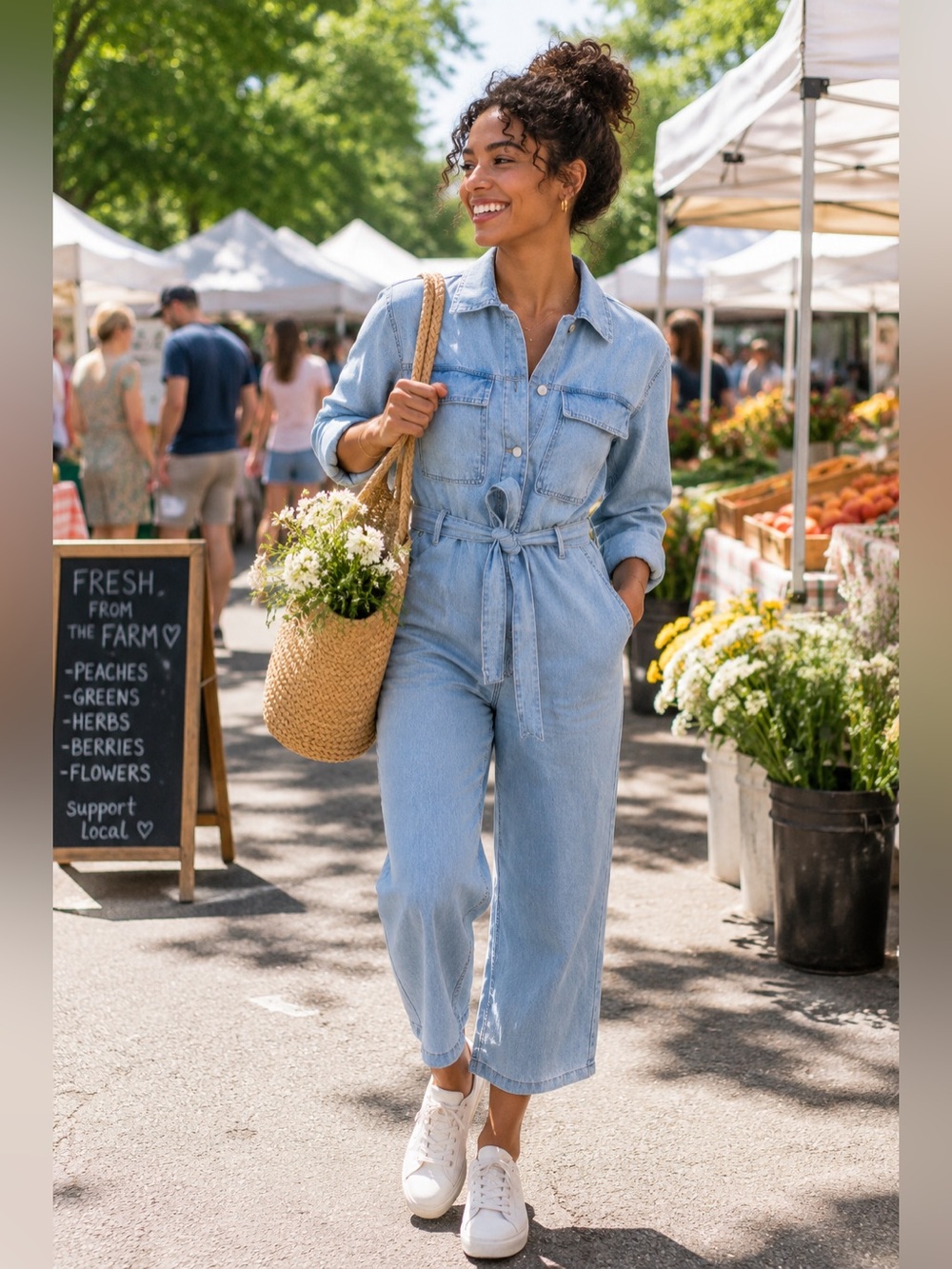 OAT Denim Cropped Jumpsuit WMNS L Blue Waist Tie Button Up Patch Pocket New York - Picture 2 of 5